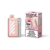 Rose-gold Vozol Vista 40000 peach berry disposable vape beside its pink packaging.