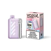 Vozol Vista 40000 strawberry ice disposable vape with lavender body and pink packaging showing 40K puffs and warning label on the box.