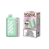 Mint green disposable vape device beside pink and white Vozol Vista 4000 box, flavor Strawberry Kiwi, 40K puffs note visible on packaging