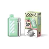 Mint green VozoL Vista 40000 disposable vape with matching case and strawberry-watermelon-flavored packaging showing 40K puffs.